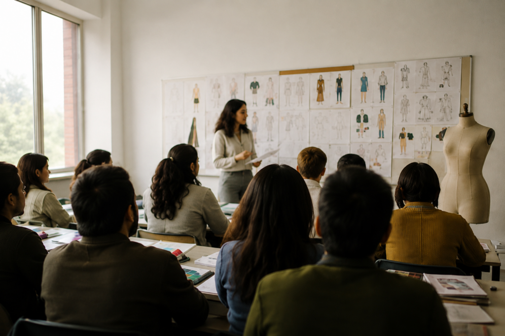Fashion design students attending a classroom session with an instructor explaining garment sketches and design concepts.