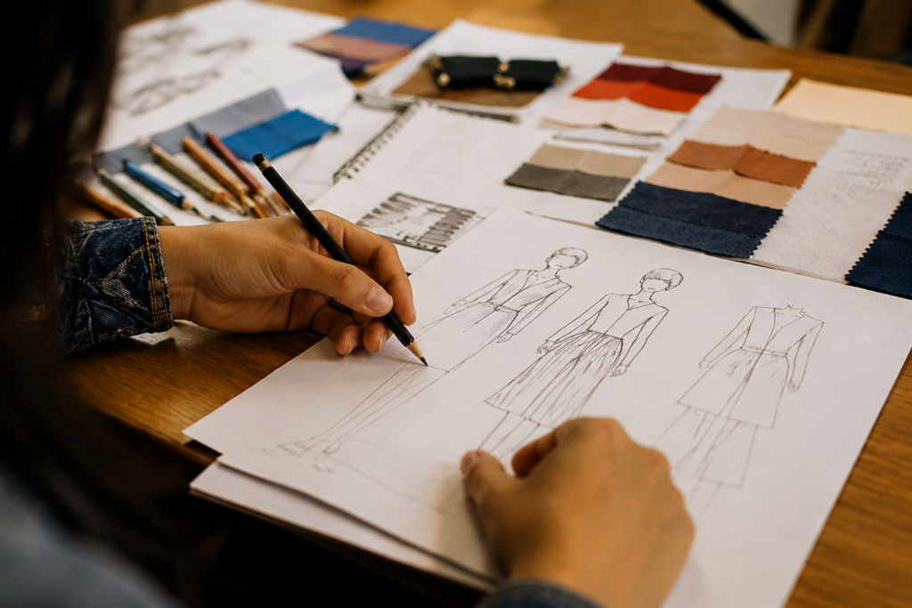 Fashion designer sketching garment concepts with fabric swatches and color samples on a creative workspace.