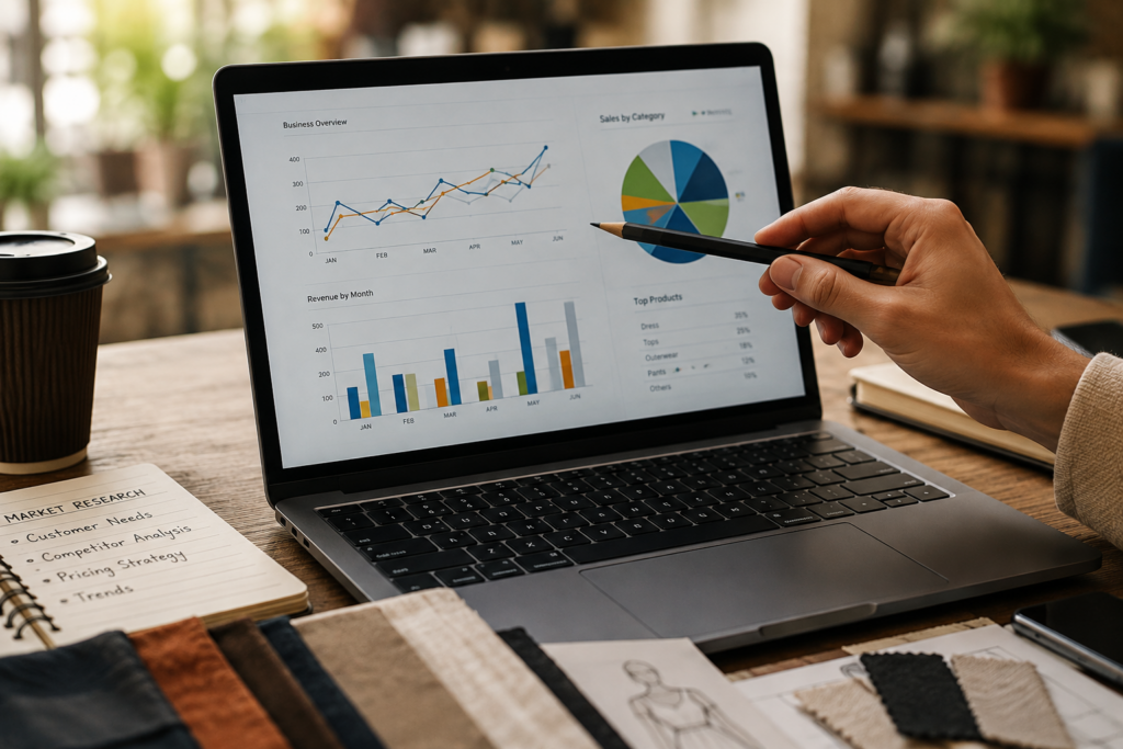Fashion boutique market research dashboard showing sales trends, customer insights, and business analytics on a laptop.