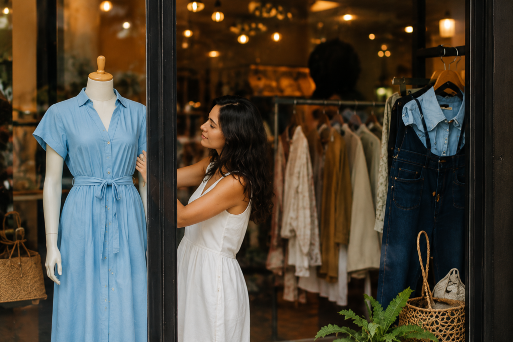 Boutique owner standing inside a fashion store surrounded by curated clothing collections and retail displays.