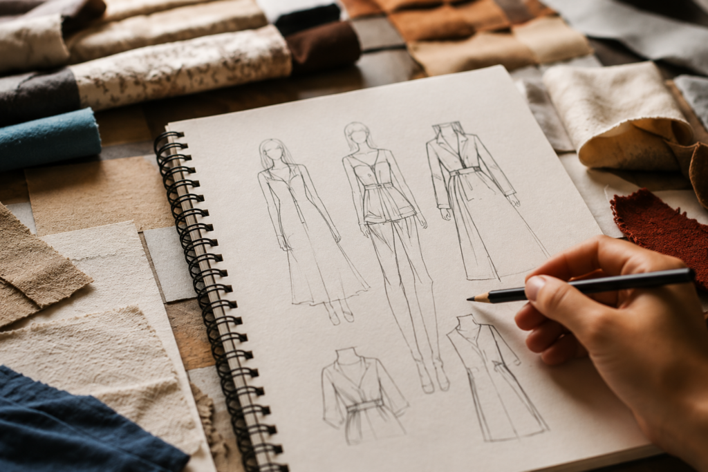 Fashion designer sketching boutique clothing designs surrounded by fabric swatches during niche fashion collection planning.