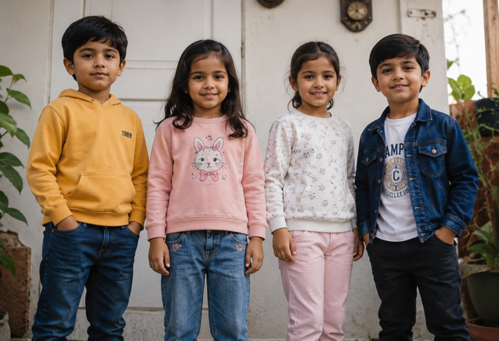 Front-facing children wearing stylish and comfortable kidswear clothing for everyday fashion.