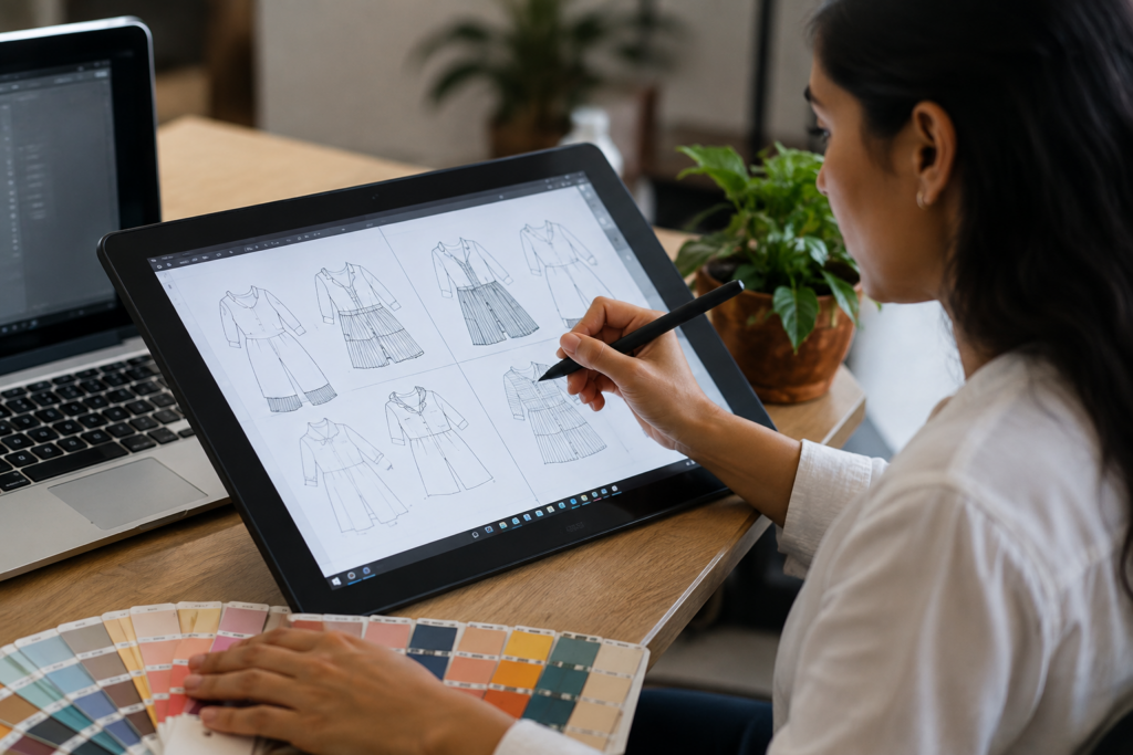 Fashion designer creating digital kidswear clothing designs on a drawing tablet using CAD software.