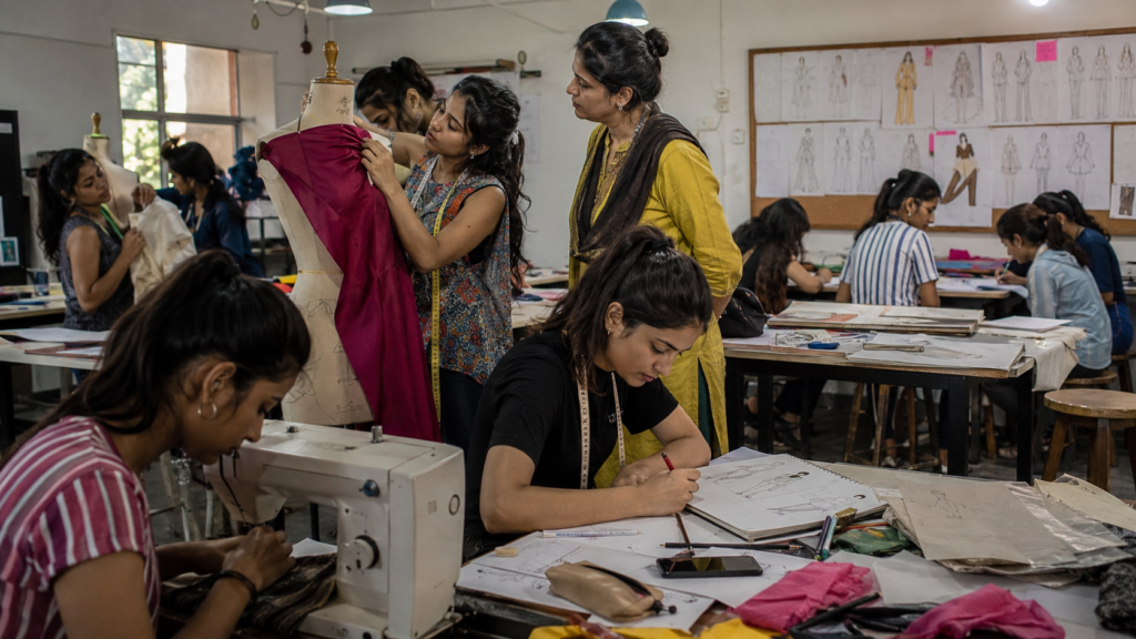Fashion design students learning costume design and garment construction in a classroom workshop.