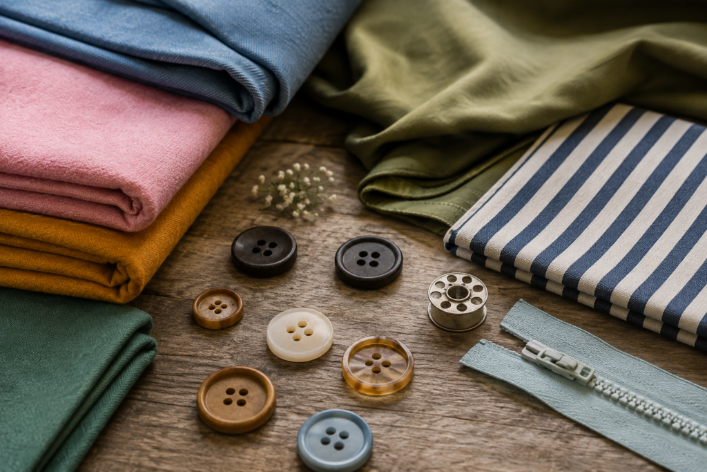 Fabric swatches, buttons, zippers, and sewing materials used in kidswear fashion design.