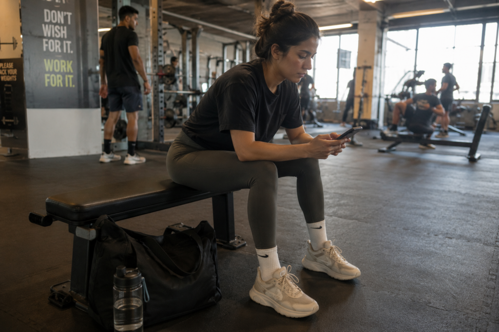 Woman in activewear relaxing at a modern gym.