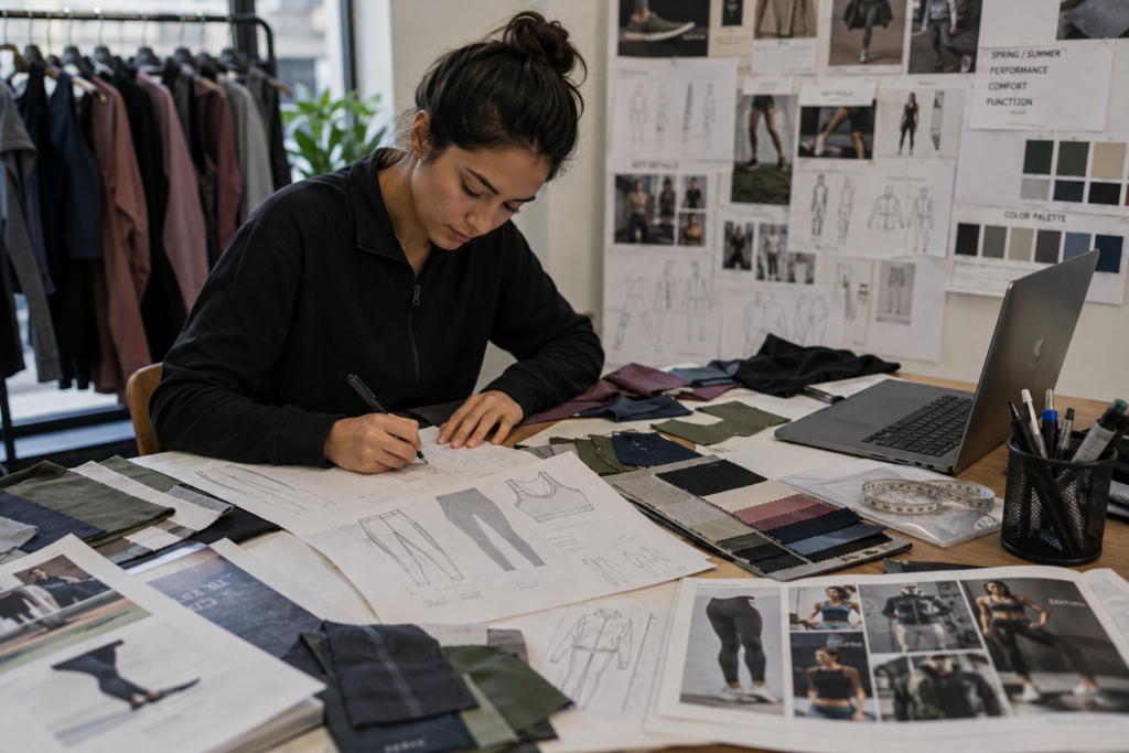 Sportswear designer sketching activewear in a fashion studio.