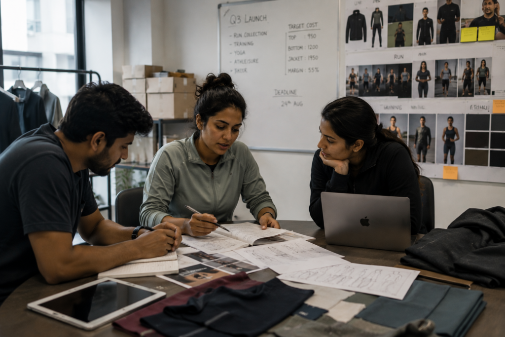 Sportswear designers planning an activewear collection in a fashion studio.