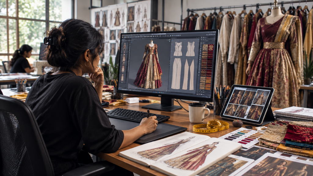 Costume designer using digital fashion design software to create film costume concepts.