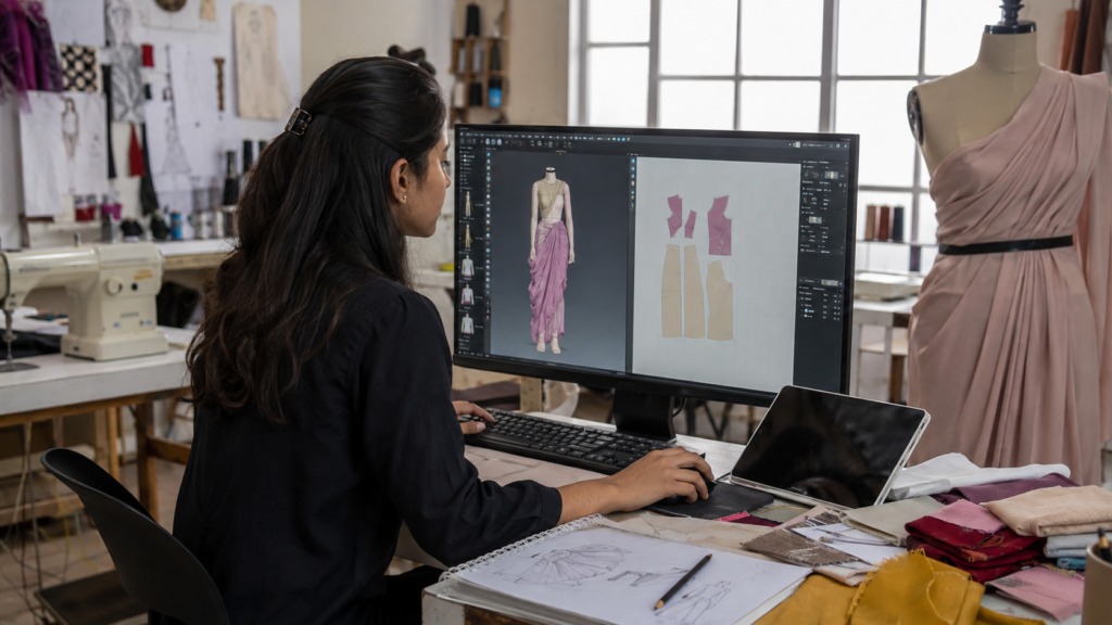 Fashion design student using 3D CAD software to create a digital garment design in a modern fashion studio with a mannequin and sewing equipment.