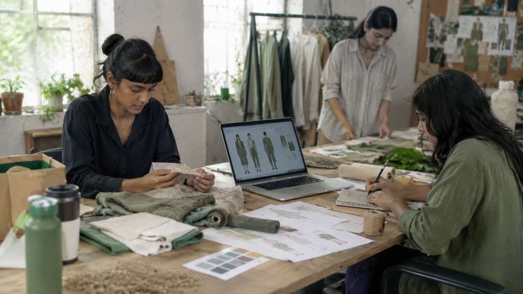 Fashion design students working on sustainable clothing development with fabric samples, digital fashion illustrations, and collaborative design planning in a creative studio.