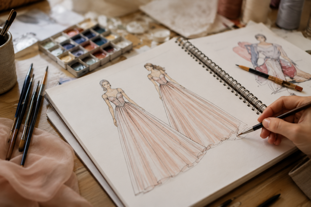 Fashion designer sketching bridal gown concepts in a sketchbook with watercolor palette, pencils, and design tools on a studio workspace.