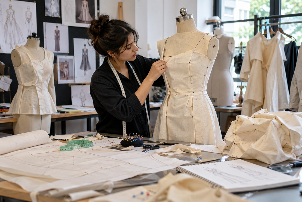 Fashion design student adjusting a muslin garment on a dress form while working with pattern pieces and sewing materials
