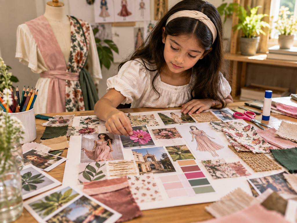 Child creating a fashion mood board with clothing images, fabric swatches, colours and fashion inspiration