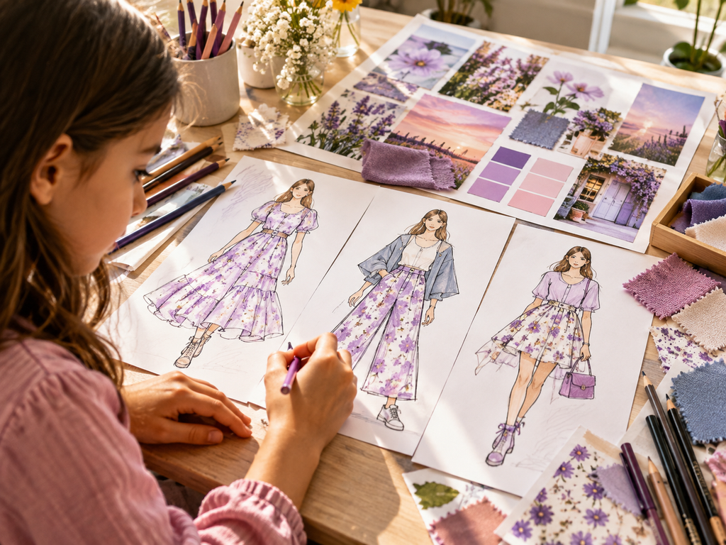 Child designing three themed fashion outfits using fashion sketches, colour palettes and fabric inspiration