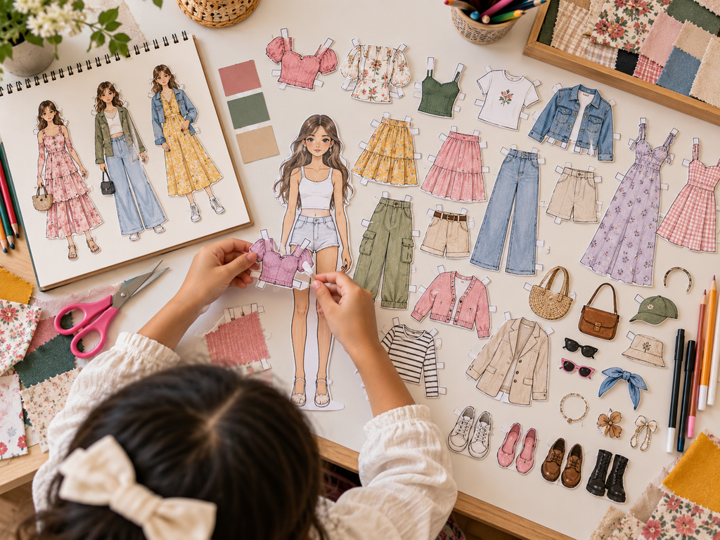 Child creating a paper doll wardrobe with colourful dresses, tops, trousers, jackets and fashion accessories
