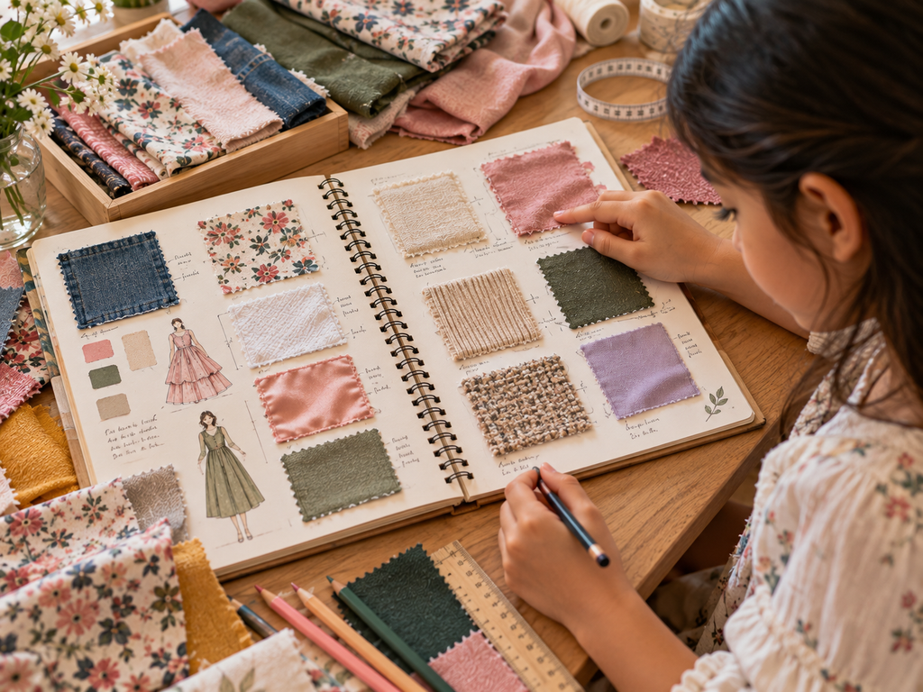 Child creating a fabric swatch journal with textile samples, textures, colours and fashion sketches