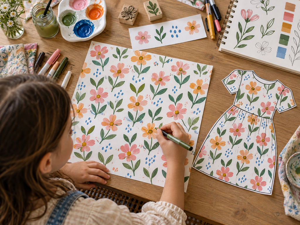 Child designing a floral fabric print with colourful motifs and a fashion dress template