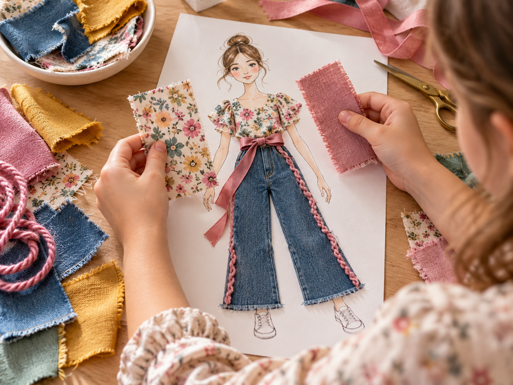 Child creating a no-sew fashion collage using fabric scraps, ribbons and a fashion illustration