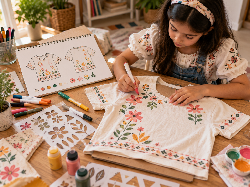 Child redesigning an old T-shirt with hand-drawn floral patterns as a fashion upcycling activity