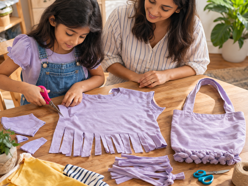 Child making a no-sew tote bag from an old T-shirt with adult supervision