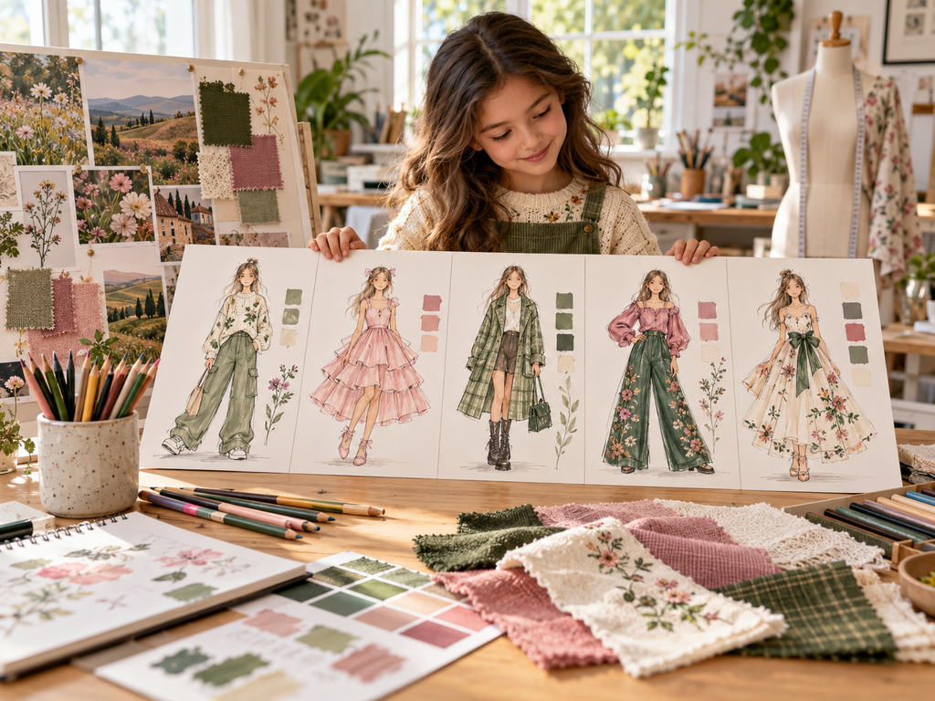 Child presenting a five-look fashion collection with outfit sketches, fabric swatches and a colour palette
