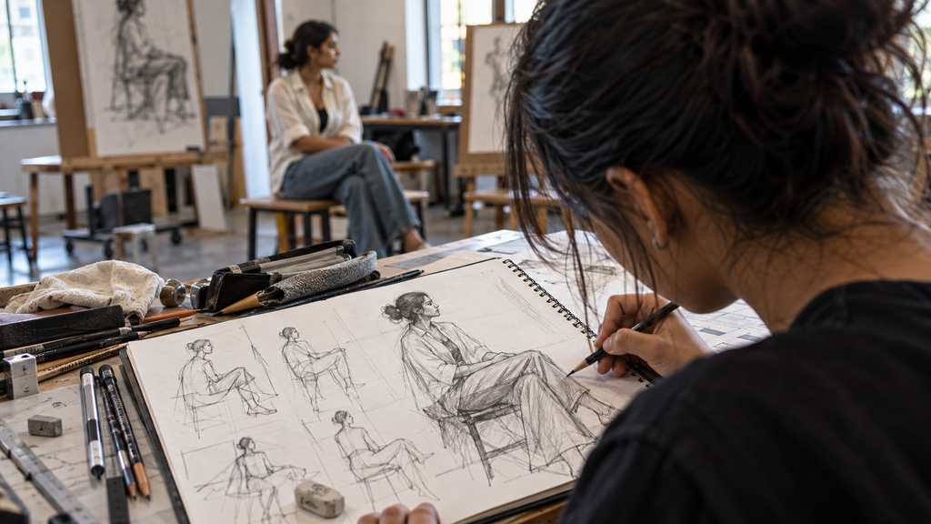 Design student practising observational sketching and visual communication for entrance exam preparation