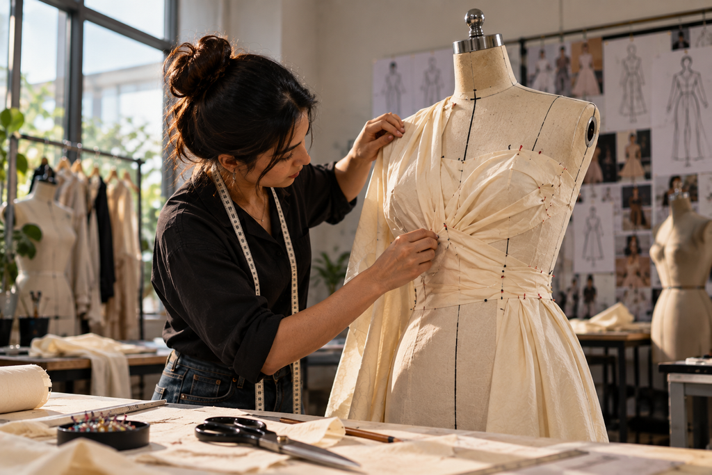 Fashion student draping muslin fabric on a dress form to develop a garment shape