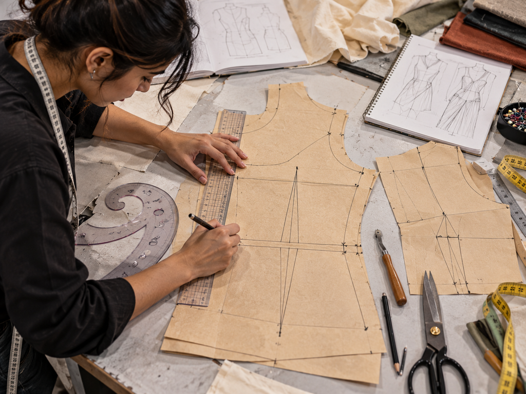 Fashion student draping muslin fabric on a dress form to develop a garment shape