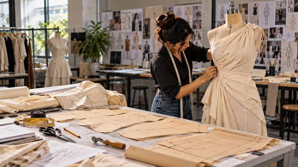 Fashion student combining pattern making and draping while developing a garment on a dress form