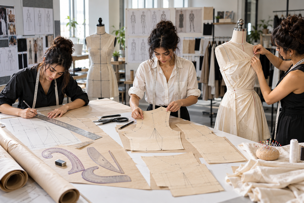Pattern drafting, flat pattern making and fabric draping techniques in a fashion design studio