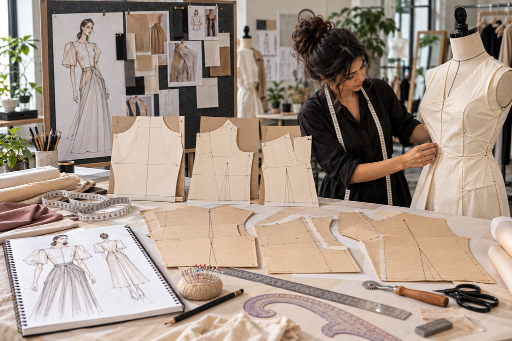 Fashion pattern making process from measurements and basic block to fitted garment toile