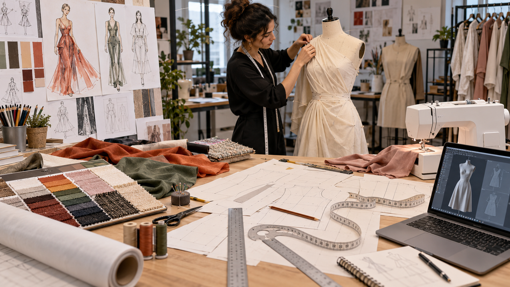Fashion design student working in a studio with garment sketches, pattern pieces, fabric samples, sewing tools and a dress form