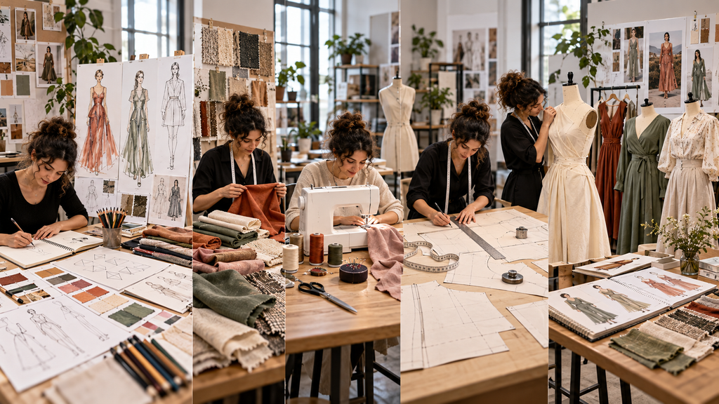 Fashion design beginners practising sketching, fabric handling, sewing, pattern making and garment construction in a studio